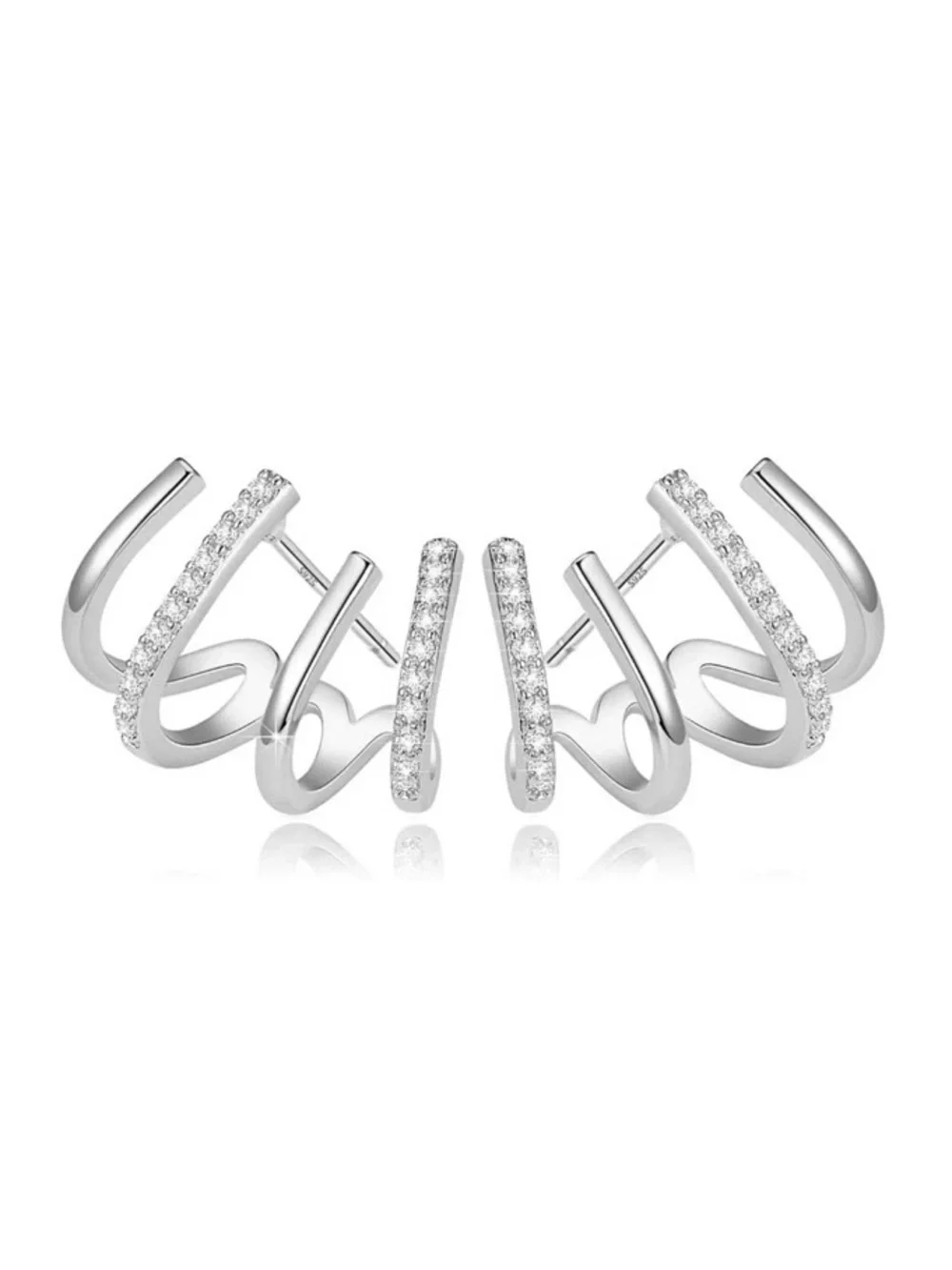 💞 New 4-Row Silver Cubic Zirconia Ear Cuff Pierced Earrings